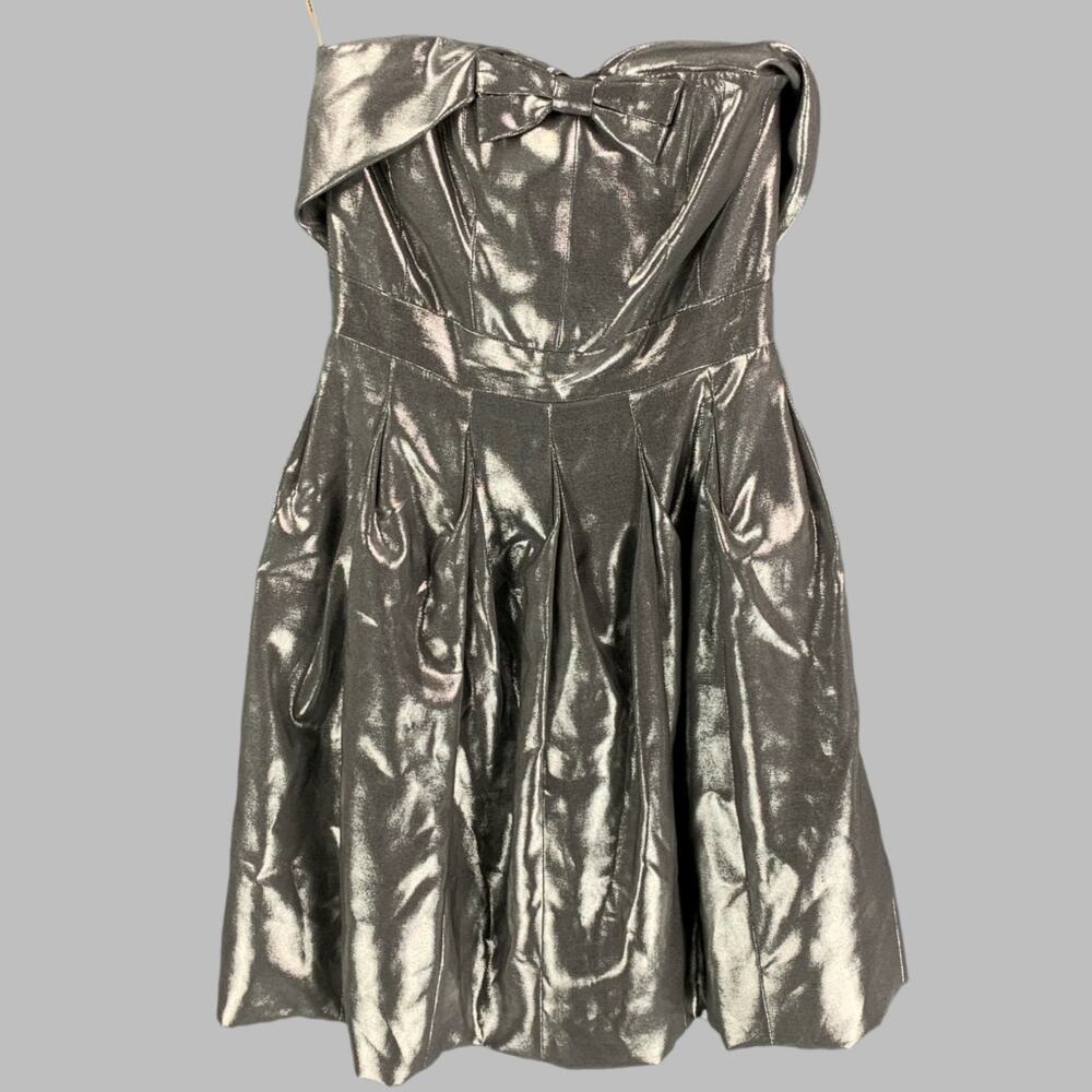 KAREN MILLEN Size 4 Silver Metallic Viscose Blend Strapless Above Knee Dress